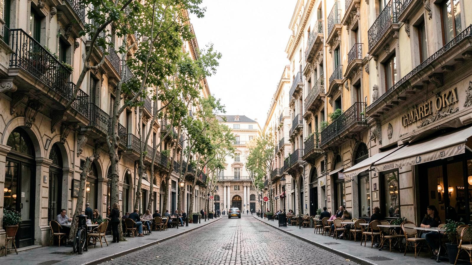 Calle clásica de Madrid con terrazas, árboles y edificios con balcones