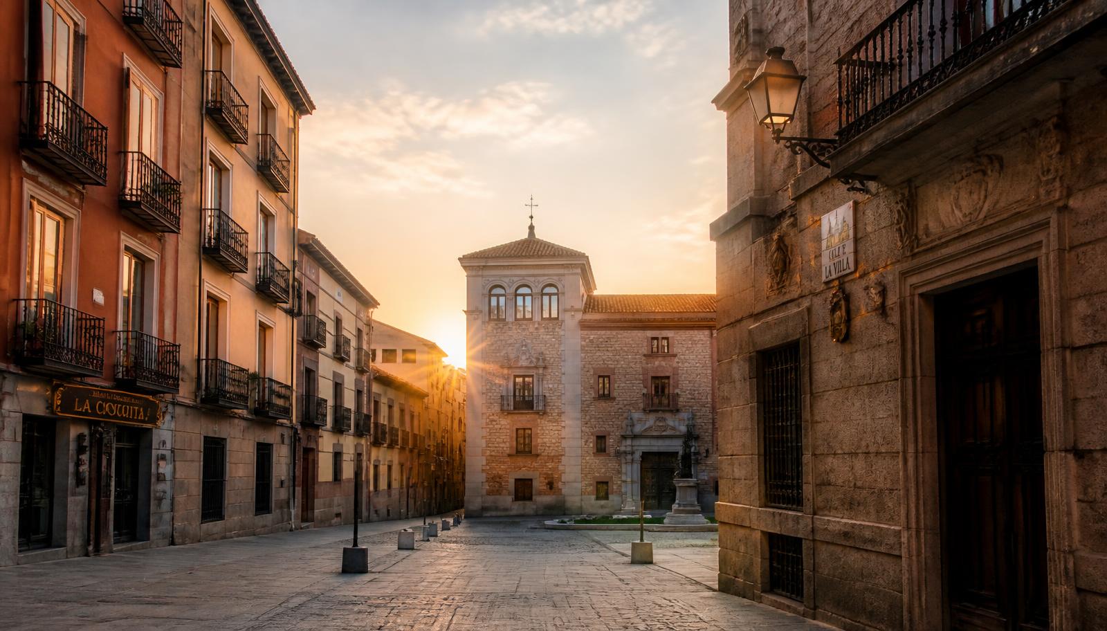 Calle empedrada del centro histórico de Madrid al amanecer