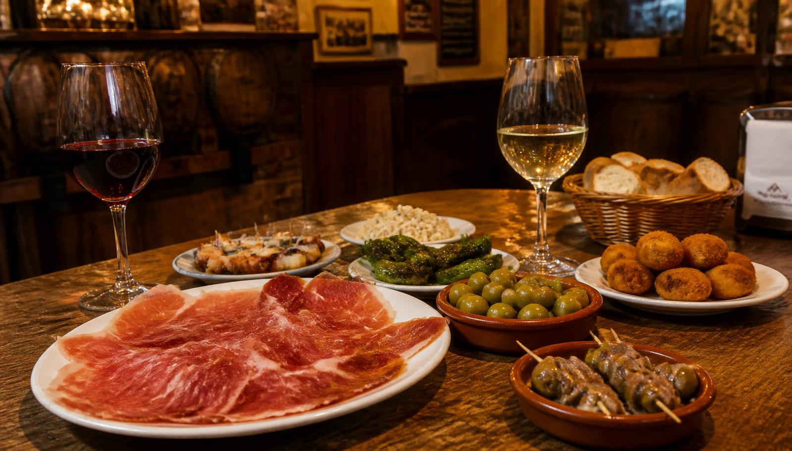 Mesa de taberna madrileña con jamón, croquetas, aceitunas y vino