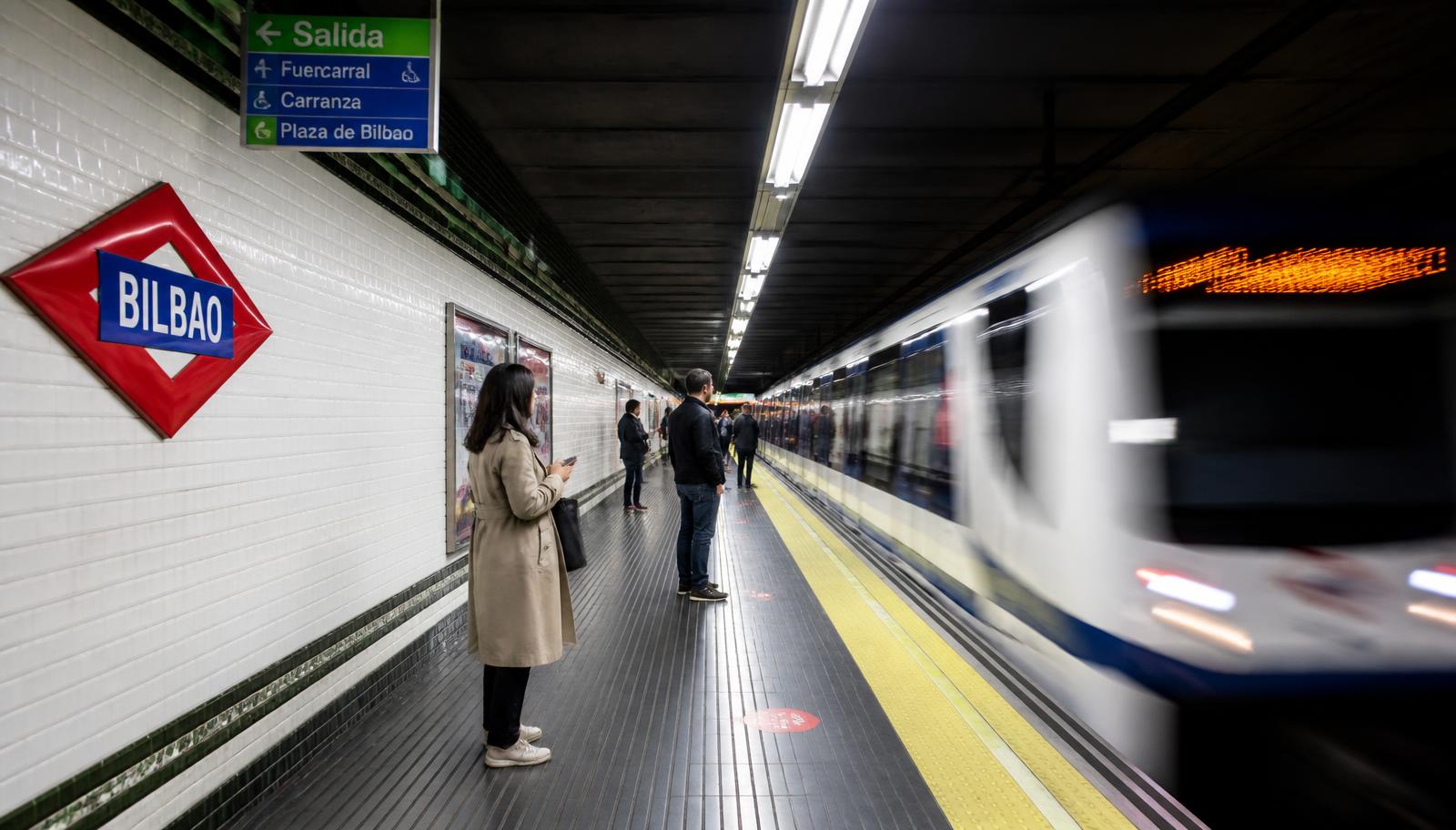 Andén del metro de Madrid con un tren llegando a la estación