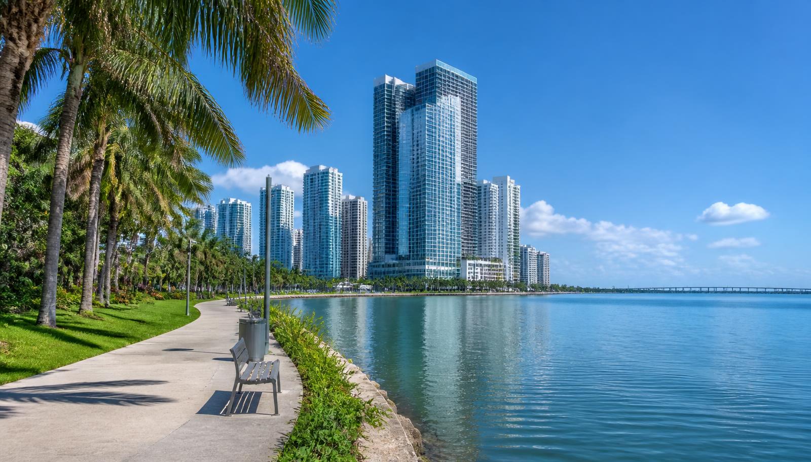 Paseo junto a la bahía en Edgewater, Miami, con palmeras y torres modernas