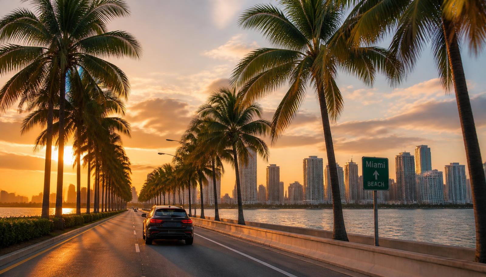 Avenida con palmeras en Miami al atardecer, con el skyline de la ciudad al fondo